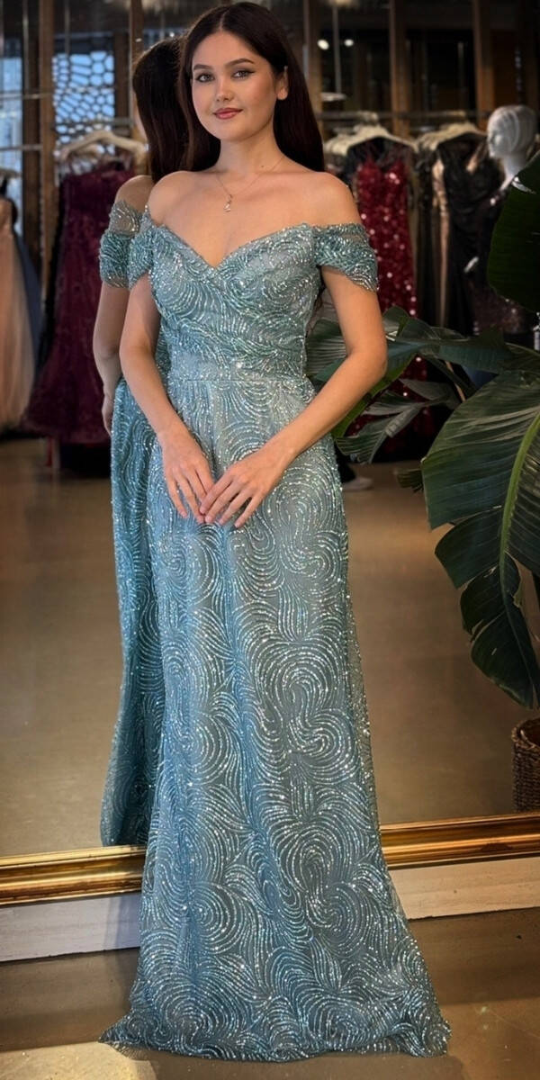 Mint Madonna Yaka Sırt Dekolteli Düz Kesim Simli Uzun Abiye Elbise 11113-01 - 1