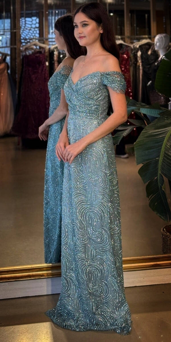 Mint Madonna Yaka Sırt Dekolteli Düz Kesim Simli Uzun Abiye Elbise 11113-01 - 2