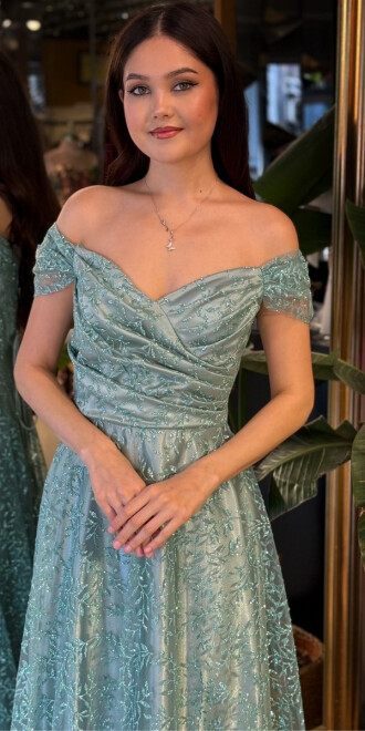 Mint Madonna Yaka Sırt Dekolteli Kloş Etekli Simli Uzun Abiye Elbise 11066-04 - 3