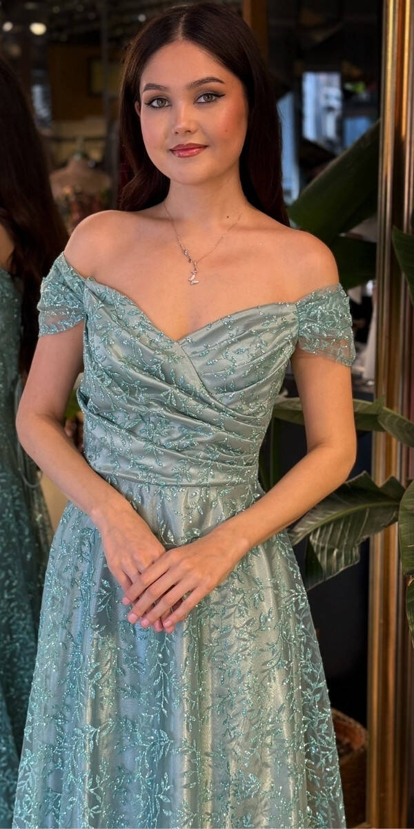 Mint Madonna Yaka Sırt Dekolteli Kloş Etekli Simli Uzun Abiye Elbise 11066-04 - 3