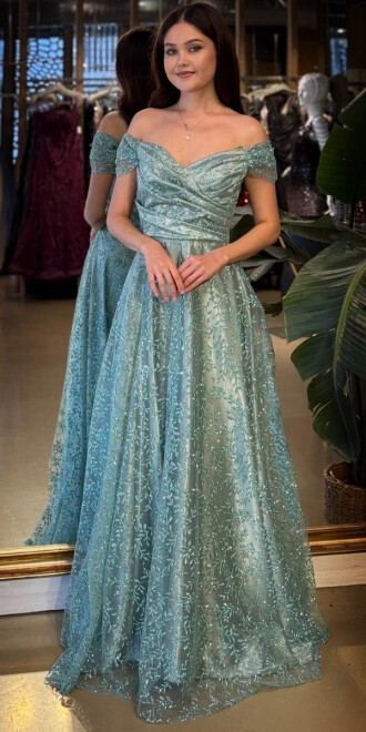 Mint Madonna Yaka Sırt Dekolteli Kloş Etekli Simli Uzun Abiye Elbise 11066-04 