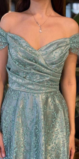 Mint Madonna Yaka Sırt Dekolteli Kloş Etekli Simli Uzun Abiye Elbise 11066-04 - 4