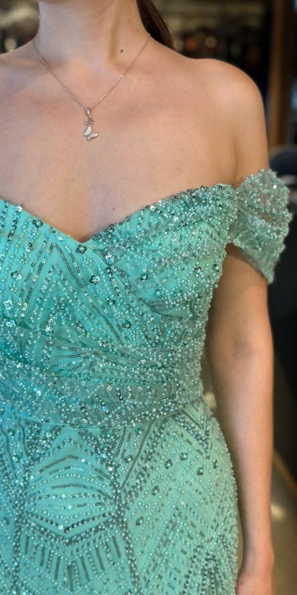 Mint Sırt Dekolteli Düz Kesim Pullu Boncuklu Uzun Abiye Elbise 11044 - 4