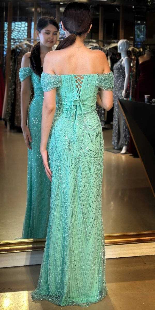 Mint Sırt Dekolteli Düz Kesim Pullu Boncuklu Uzun Abiye Elbise 11044 - 5