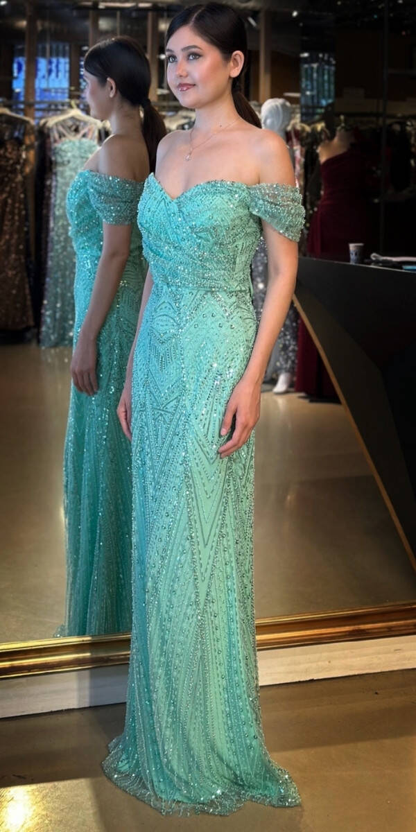 Mint Sırt Dekolteli Düz Kesim Pullu Boncuklu Uzun Abiye Elbise 11044 - 2