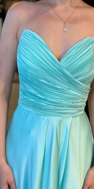 Mint Straplez Yaka Anvelop Yırtmaçlı Kloş Etekli Saten Uzun Abiye Elbise 11095 - 4