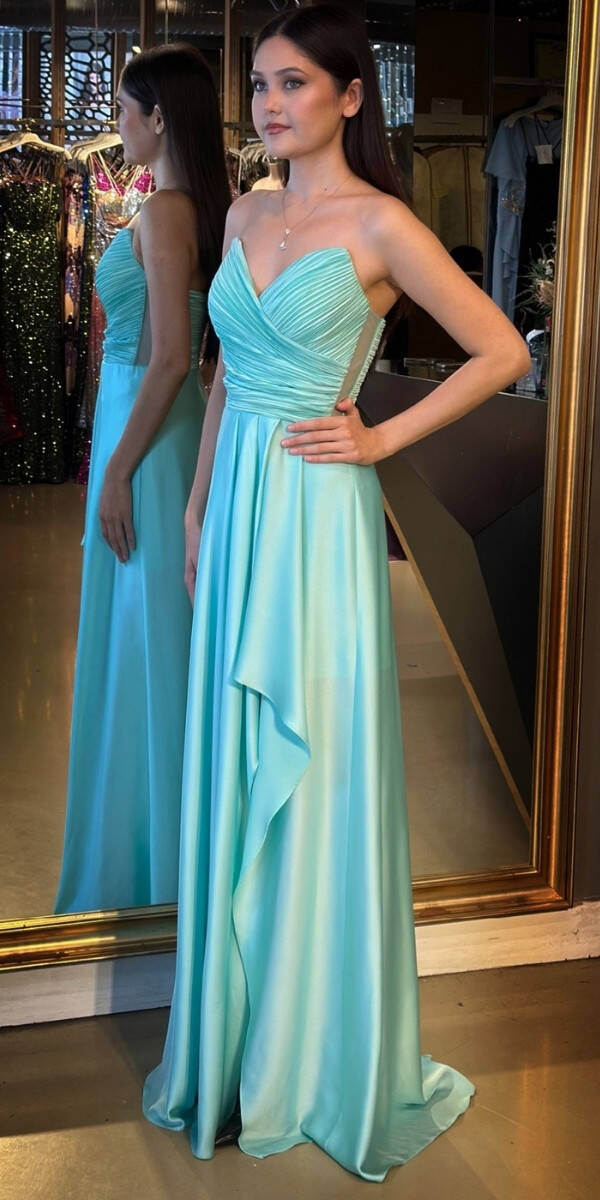 Mint Straplez Yaka Anvelop Yırtmaçlı Kloş Etekli Saten Uzun Abiye Elbise 11095 - 2