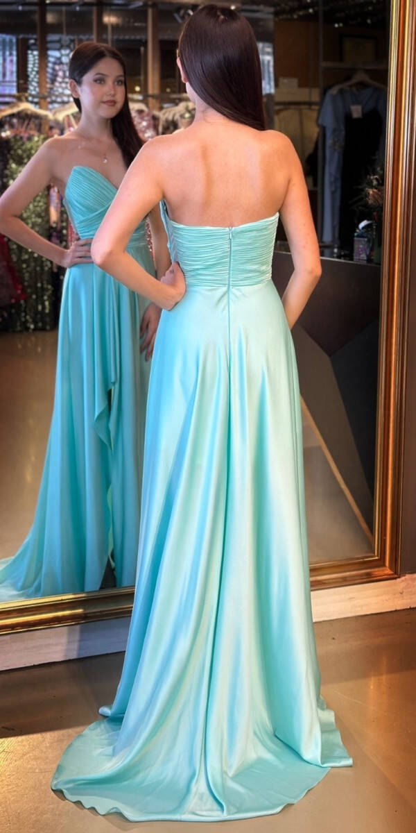 Mint Straplez Yaka Anvelop Yırtmaçlı Kloş Etekli Saten Uzun Abiye Elbise 11095 - 5