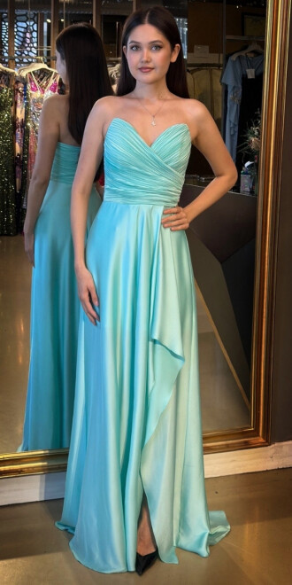 Mint Straplez Yaka Anvelop Yırtmaçlı Kloş Etekli Saten Uzun Abiye Elbise 11095 