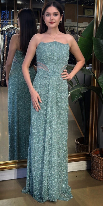 Mint Straplez Yaka Bel Dekolteli Düz Kesim Taşlı Uzun Abiye Elbise 11156-02 - abiyeniall