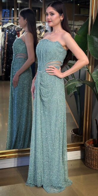 Mint Straplez Yaka Bel Dekolteli Düz Kesim Taşlı Uzun Abiye Elbise 11156-02 - 2