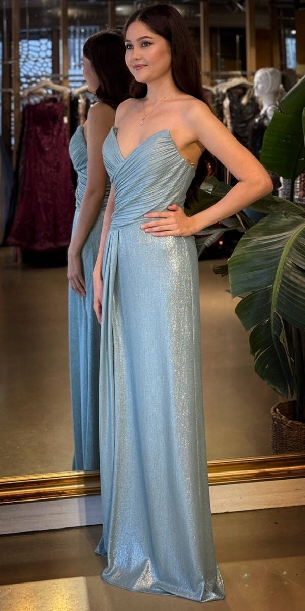 Mint Straplez Yaka Göğüs Dekolteli Düz Kesim Likralı Parlak Kumaş Uzun Abiye Elbise 11083-05 - 2