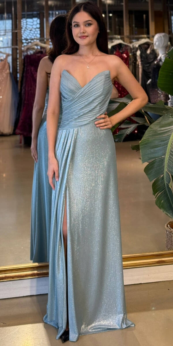 Mint Straplez Yaka Göğüs Dekolteli Düz Kesim Likralı Parlak Kumaş Uzun Abiye Elbise 11083-05 - 1