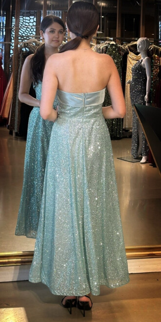 Mint Straplez Yaka Kloş Etekli Simli Midi Abiye Elbise 7776 - 5