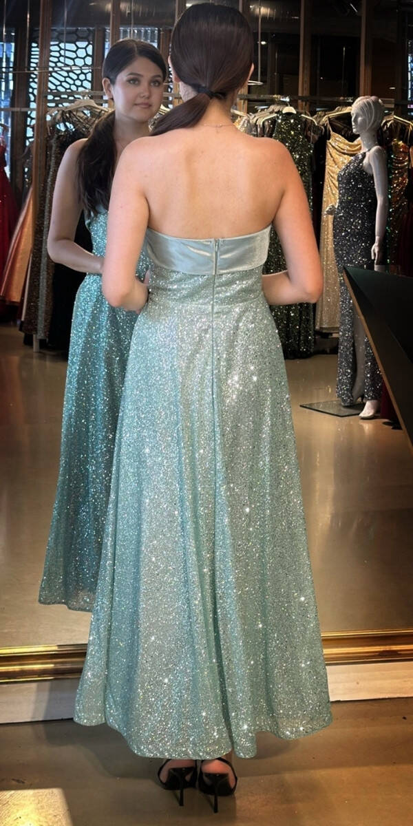 Mint Straplez Yaka Kloş Etekli Simli Midi Abiye Elbise 7776 - 5