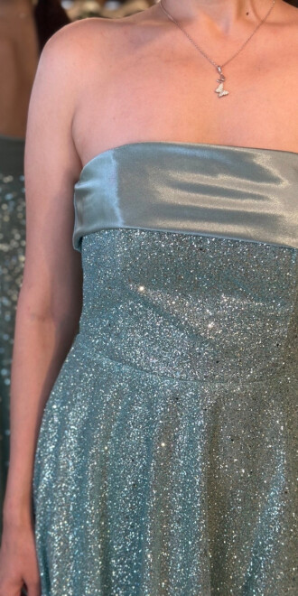 Mint Straplez Yaka Kloş Etekli Simli Midi Abiye Elbise 7776 - 4