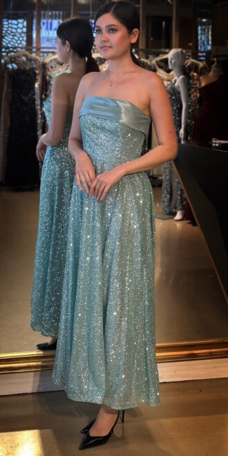 Mint Straplez Yaka Kloş Etekli Simli Midi Abiye Elbise 7776 - 2