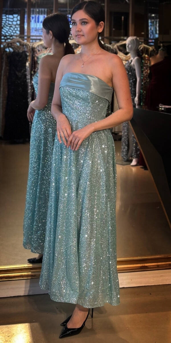 Mint Straplez Yaka Kloş Etekli Simli Midi Abiye Elbise 7776 - 2