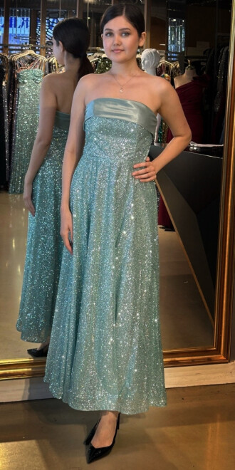 Mint Straplez Yaka Kloş Etekli Simli Midi Abiye Elbise 7776 - 1