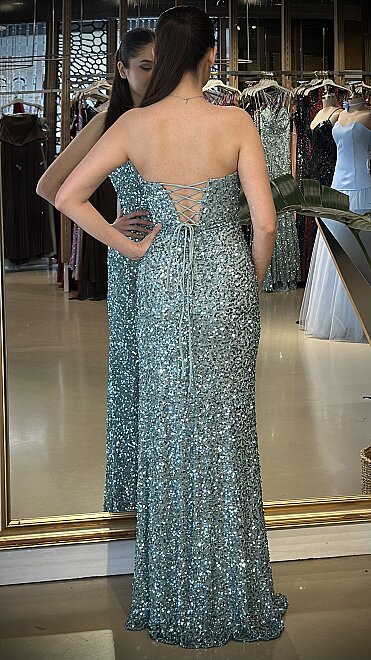 Mint Straplez Yaka Sırt Dekolteli Yırtmaçlı Düz Kesim Payet Uzun Abiye Elbise 11093-09 - 5