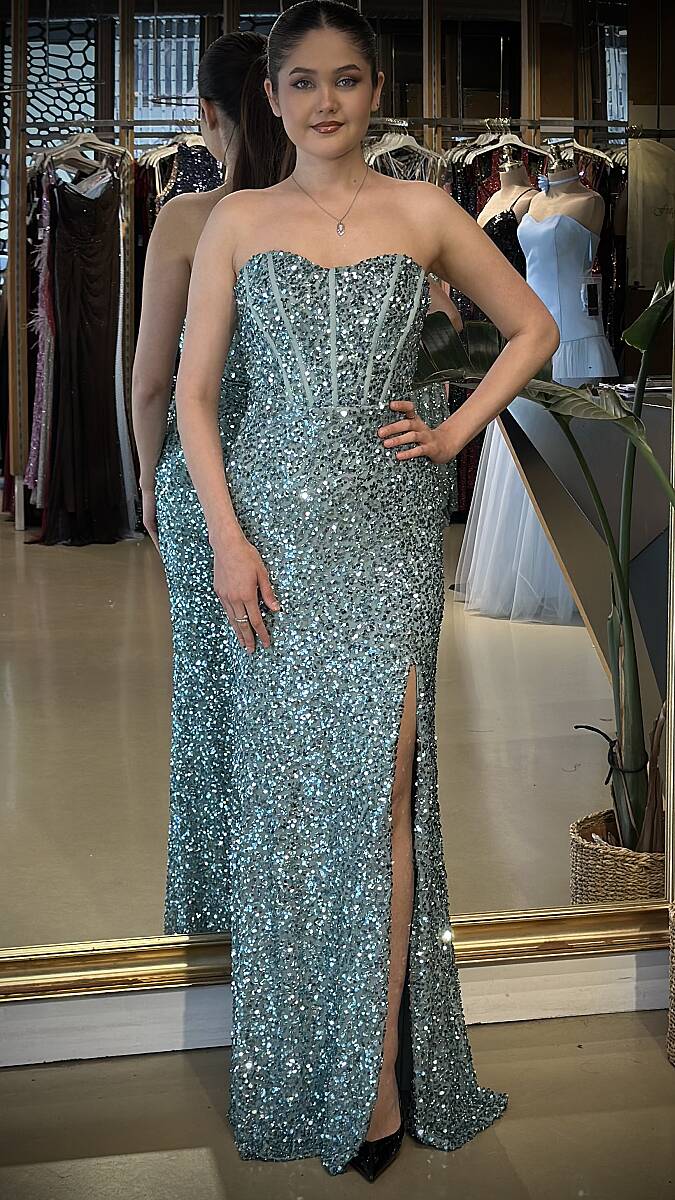 Mint Straplez Yaka Sırt Dekolteli Yırtmaçlı Düz Kesim Payet Uzun Abiye Elbise 11093-09 - 1