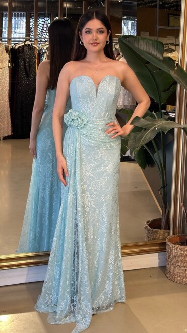 Mint Straplez Yaka Yırtmaçlı Düz Kesim Likralı Dantel Uzun Abiye Elbise 11194-04 - abiyeniall