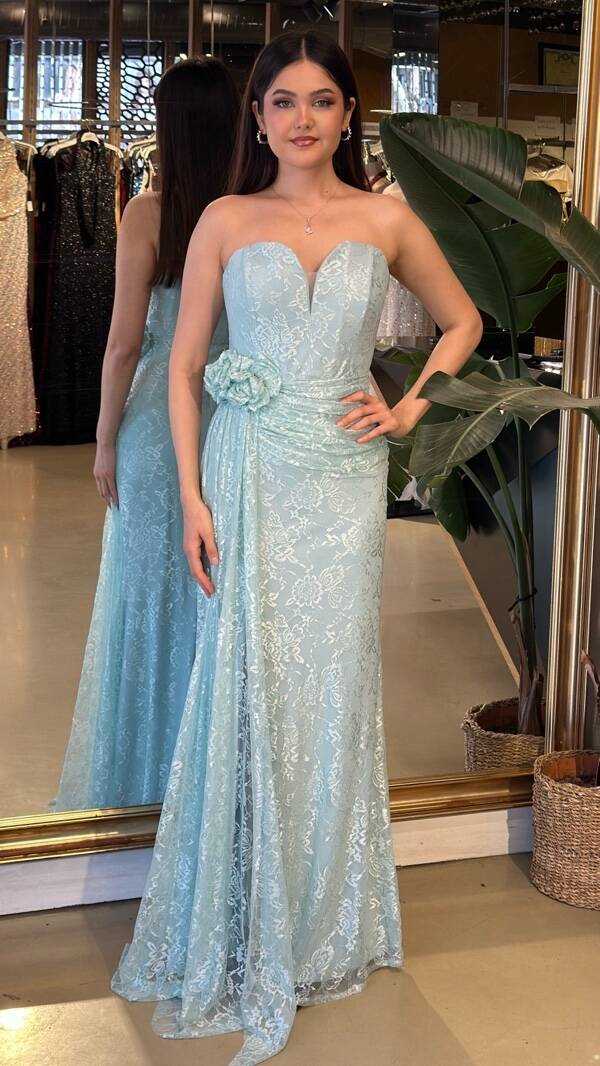 Mint Straplez Yaka Yırtmaçlı Düz Kesim Likralı Dantel Uzun Abiye Elbise 11194-04 - 1