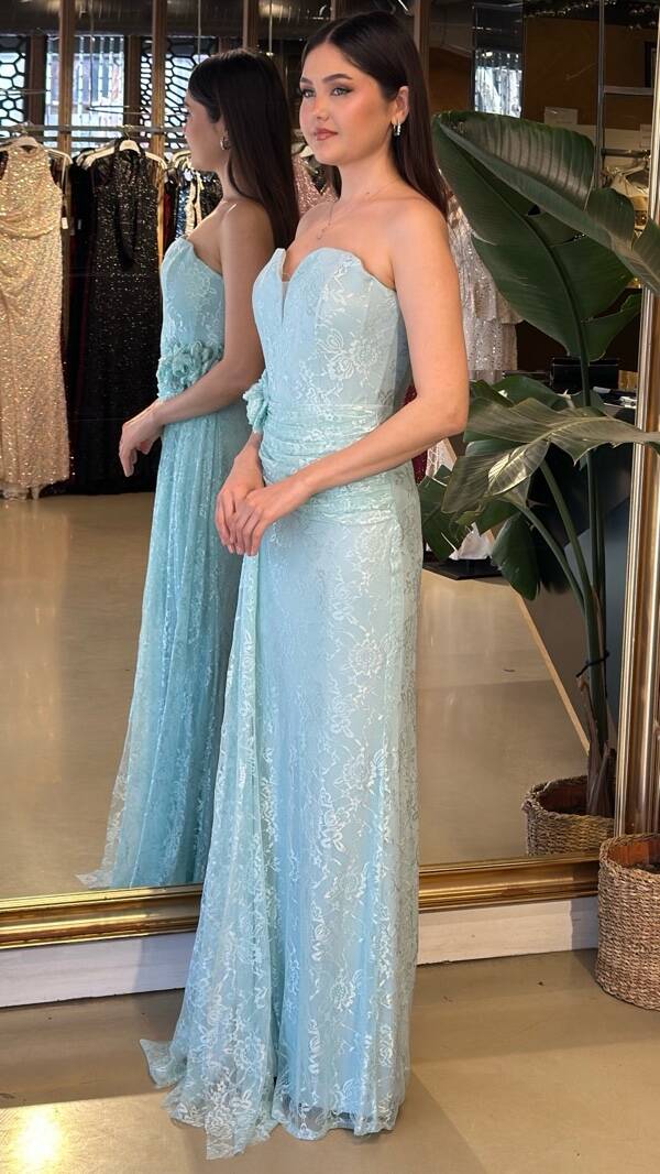 Mint Straplez Yaka Yırtmaçlı Düz Kesim Likralı Dantel Uzun Abiye Elbise 11194-04 - 2