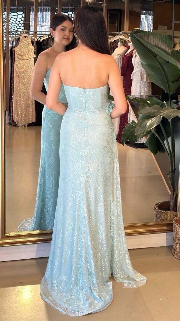 Mint Straplez Yaka Yırtmaçlı Düz Kesim Likralı Dantel Uzun Abiye Elbise 11194-04 - 3