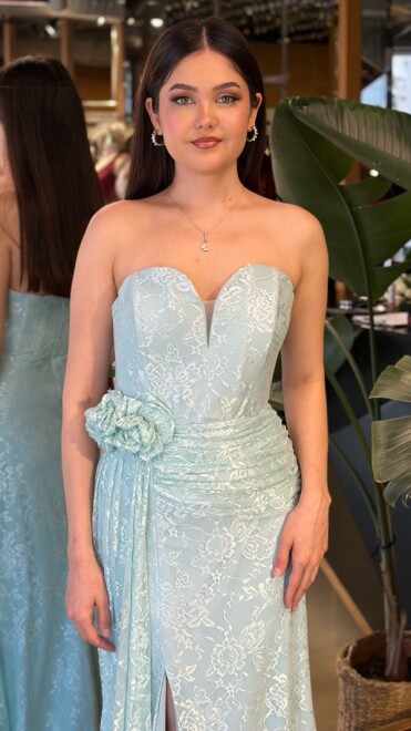 Mint Straplez Yaka Yırtmaçlı Düz Kesim Likralı Dantel Uzun Abiye Elbise 11194-04 - 4