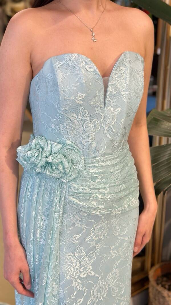 Mint Straplez Yaka Yırtmaçlı Düz Kesim Likralı Dantel Uzun Abiye Elbise 11194-04 - 5