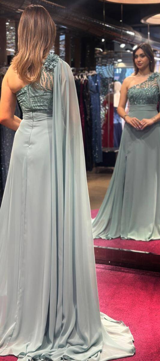 Mint Tek Omuzlu Çiçek Detaylı Yırtmaçlı Kloş Etekli Şifon Uzun Abiye Elbise 7505 - 5