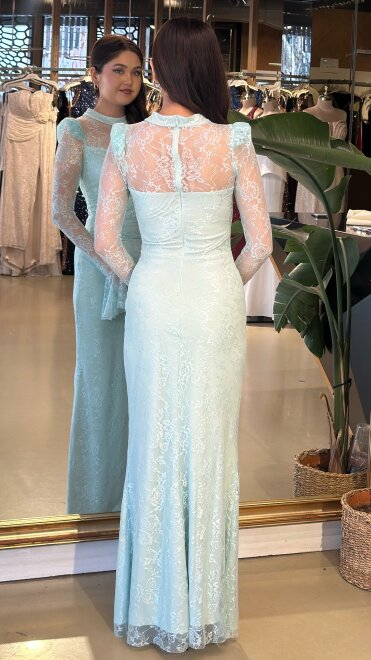 Mint Uzun Kollu Düz Kesim Likralı Dantel Uzun Abiye Elbise 11203-05 - 5