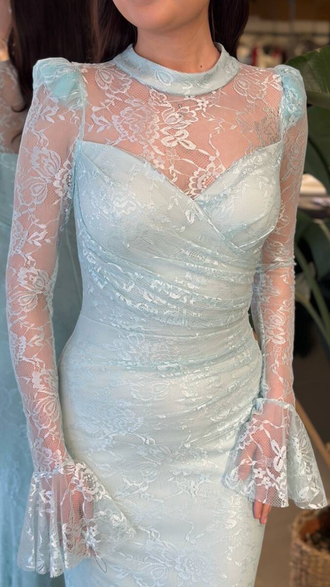 Mint Uzun Kollu Düz Kesim Likralı Dantel Uzun Abiye Elbise 11203-05 - 4