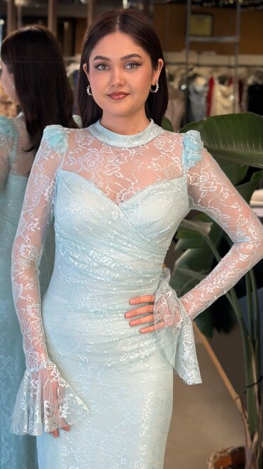 Mint Uzun Kollu Düz Kesim Likralı Dantel Uzun Abiye Elbise 11203-05 - 3