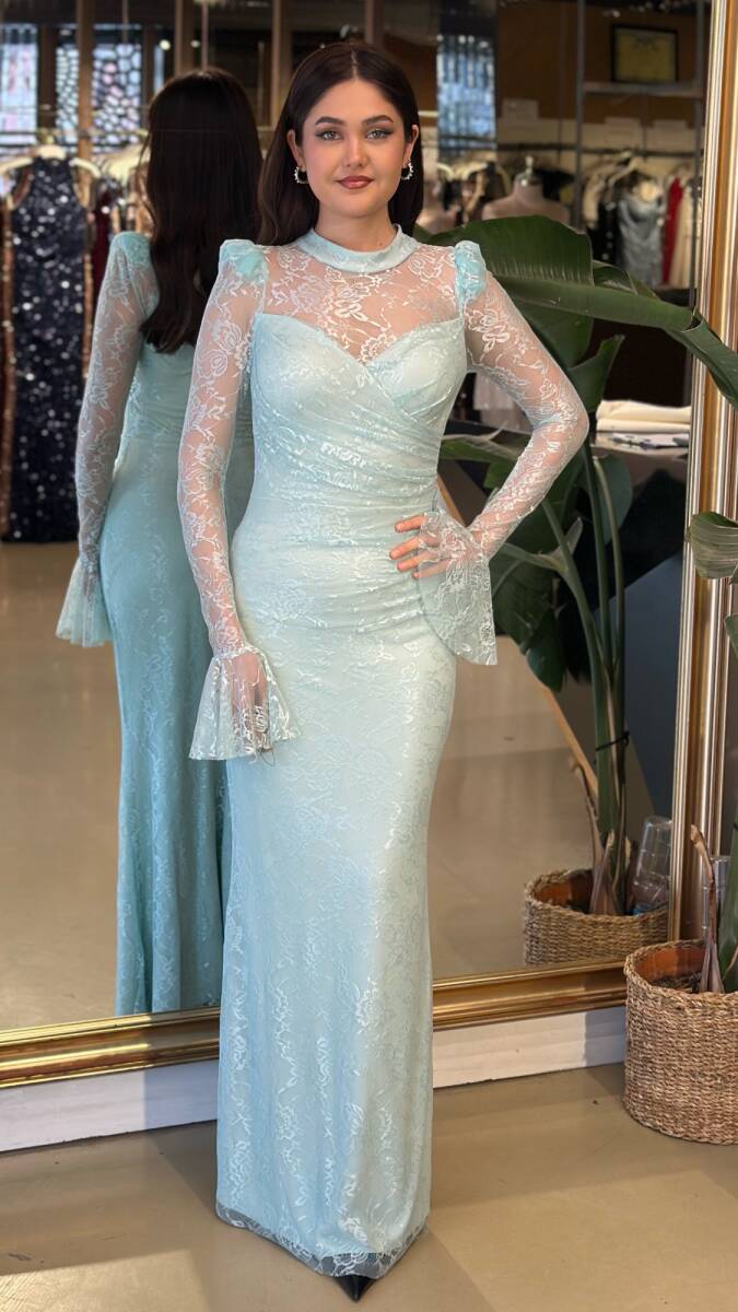 Mint Uzun Kollu Düz Kesim Likralı Dantel Uzun Abiye Elbise 11203-05 - 1