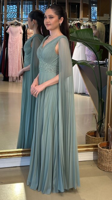 Mint V Yaka Pelerin Kloş Etekli Şifon Uzun Abiye Elbise 11108-08 - 2