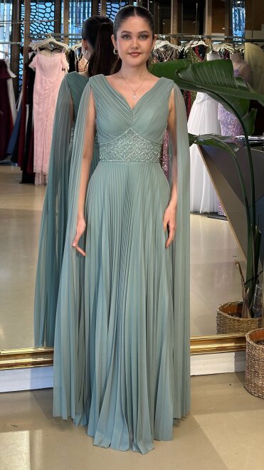 Mint V Yaka Pelerin Kloş Etekli Şifon Uzun Abiye Elbise 11108-08 