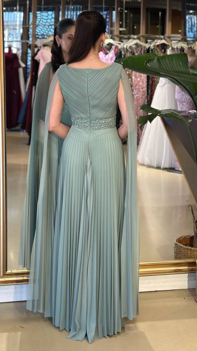 Mint V Yaka Pelerin Kloş Etekli Şifon Uzun Abiye Elbise 11108-08 - 5