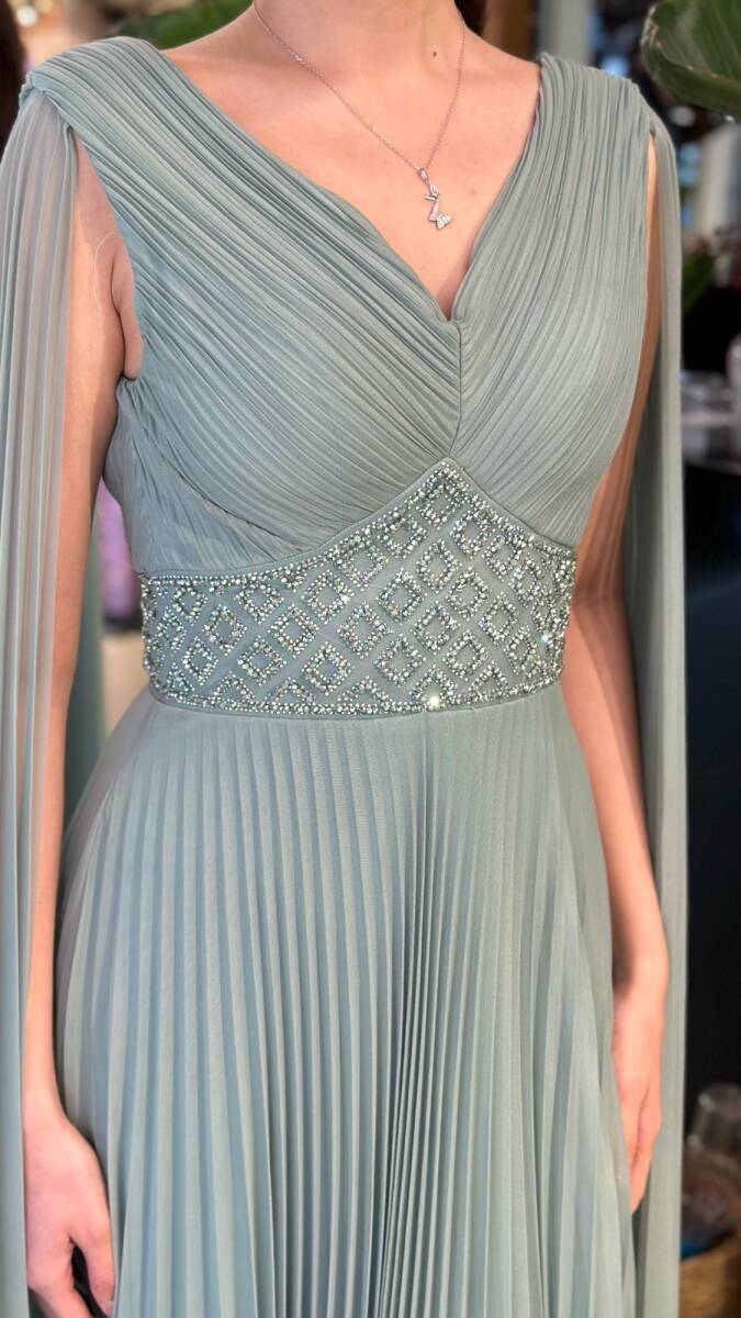 Mint V Yaka Pelerin Kloş Etekli Şifon Uzun Abiye Elbise 11108-08 - 4