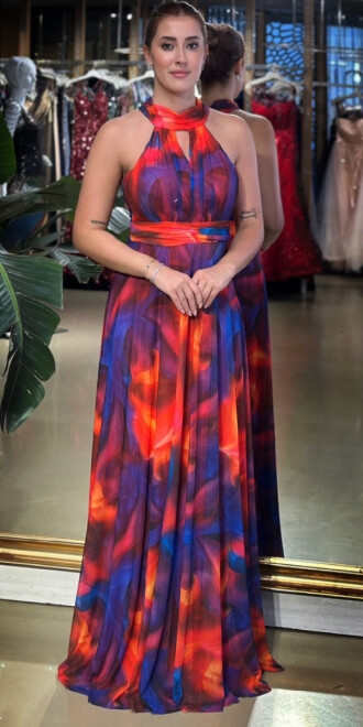 Nar Kırmızı Rengi Halter Yaka Kloş Etekli Desenli Uzun Abiye Elbise 7611 