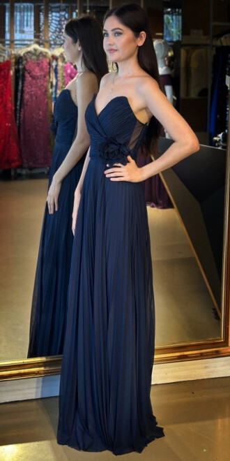 Navy Blue Strapless Neck Floral Detailed Flared Skirt Tulle Long Evening Dress 11003 - 2