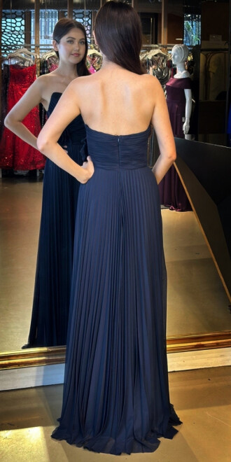 Navy Blue Strapless Neck Floral Detailed Flared Skirt Tulle Long Evening Dress 11003 - 5