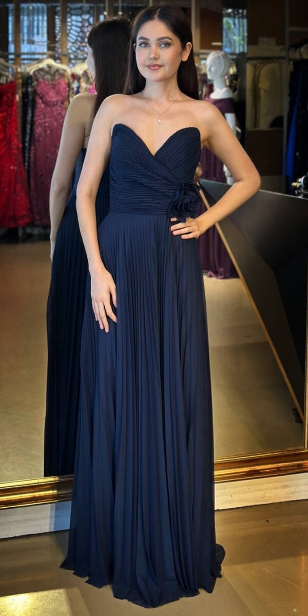 Navy Blue Strapless Neck Floral Detailed Flared Skirt Tulle Long Evening Dress 11003 - 1