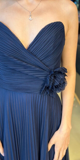 Navy Blue Strapless Neck Floral Detailed Flared Skirt Tulle Long Evening Dress 11003 - 4