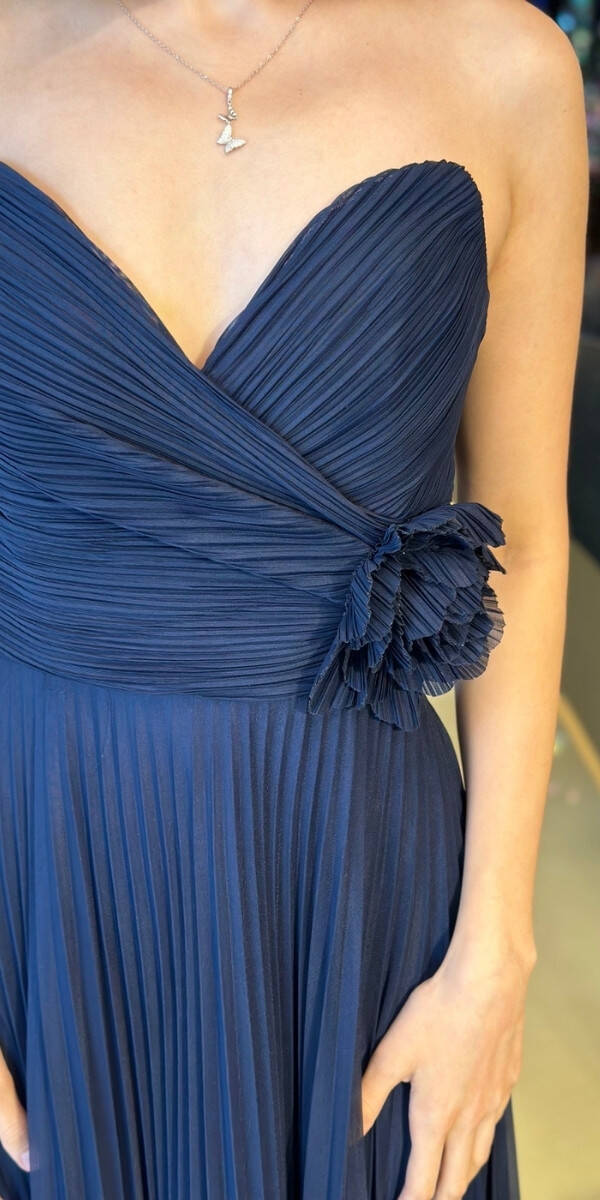 Navy Blue Strapless Neck Floral Detailed Flared Skirt Tulle Long Evening Dress 11003 - 4