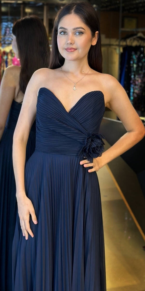 Navy Blue Strapless Neck Floral Detailed Flared Skirt Tulle Long Evening Dress 11003 - 3