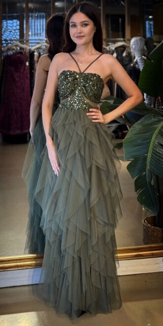 Olive İp Askılı Bel Dekolteli Kloş Etekli Likralı Tül Uzun Abiye Elbise 11048-04 - abiyeniall