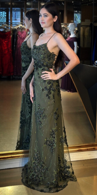 Olive İp Askılı Çiçek Detaylı Sırt Dekolteli Düz Kesim Tül Uzun Abiye Elbise 11060 - 2