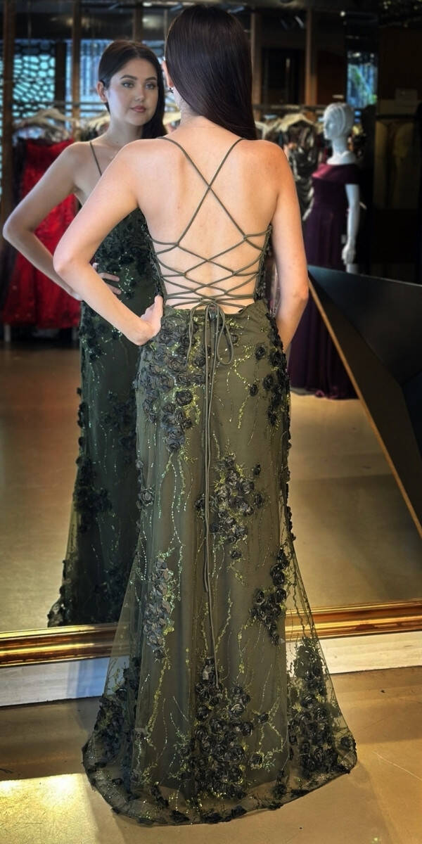 Olive İp Askılı Çiçek Detaylı Sırt Dekolteli Düz Kesim Tül Uzun Abiye Elbise 11060 - 5